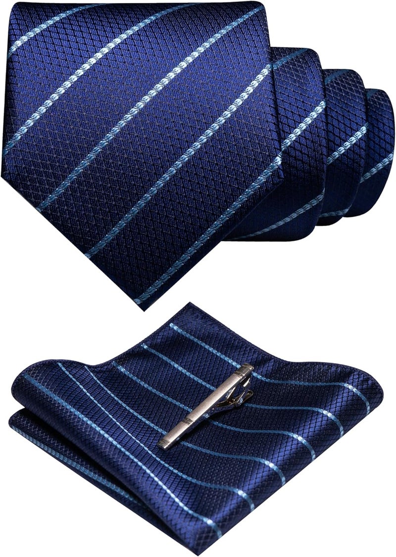 RBOCOTT Silk Stripe Plaid Tie and Pocket Square with Tie Clip Sets for Men - Image 1
